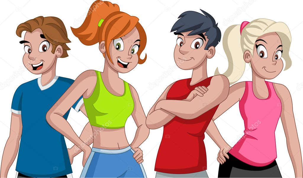 Cartoon athletes. Runner characters wearing sport outfit.