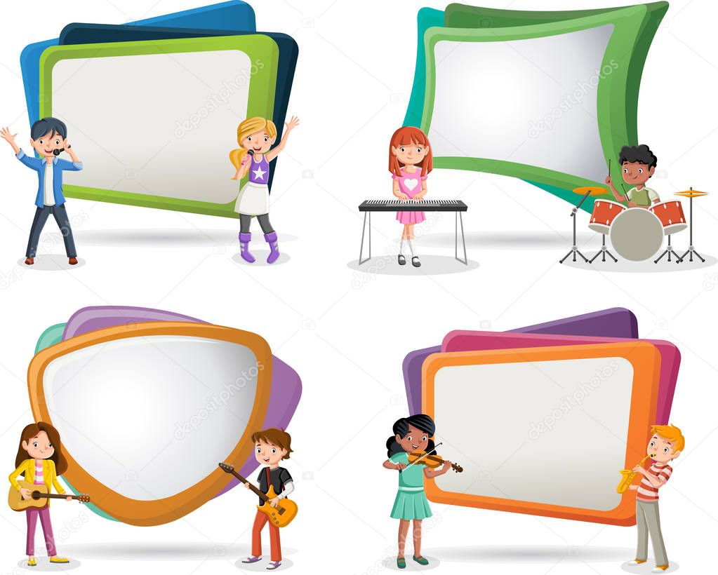 Text box frame background with cartoon children playing on a rock'n'roll band