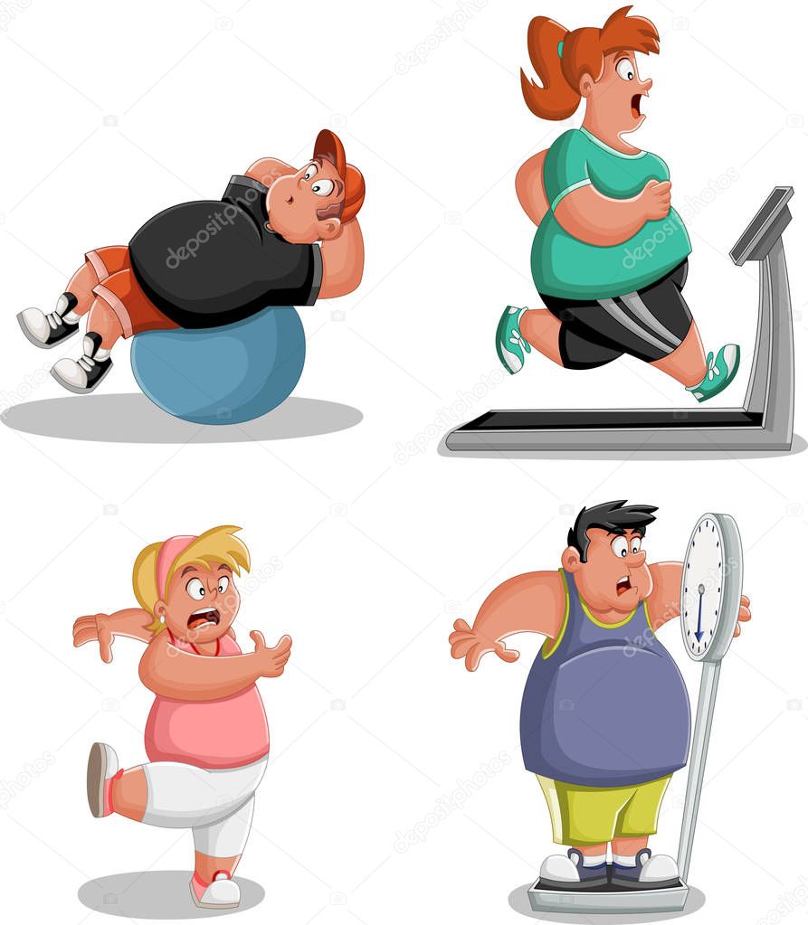 Cartoon over weight athletes training. Fat people working out.