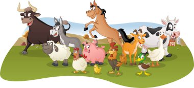 Çiftlik karikatür hayvanlar grubu. Çiftlik arka plan.