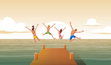 Bir grup insan ahşap iskele suya atlama. Aile eğleniyor deniz suya atlama.