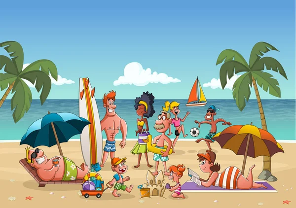 美しいビーチで漫画の人々 のグループ — ストックベクタ