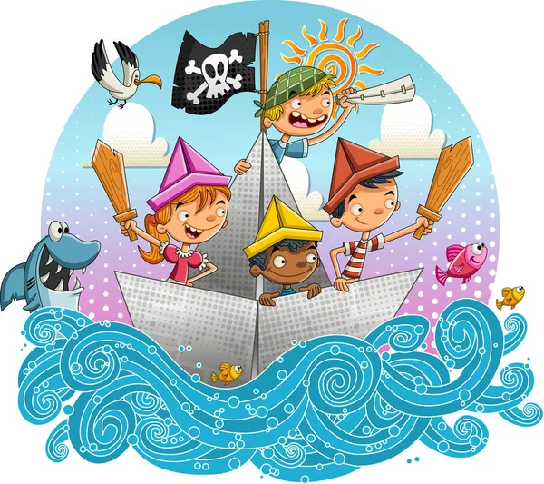 紙の船でセーリング漫画の海賊の子供たちのグループ — ストックベクタ