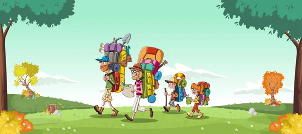 Cartoon Familie Met Grote Rugzakken Groen Park Mensen Wandelen Achtergrond — Stockvector