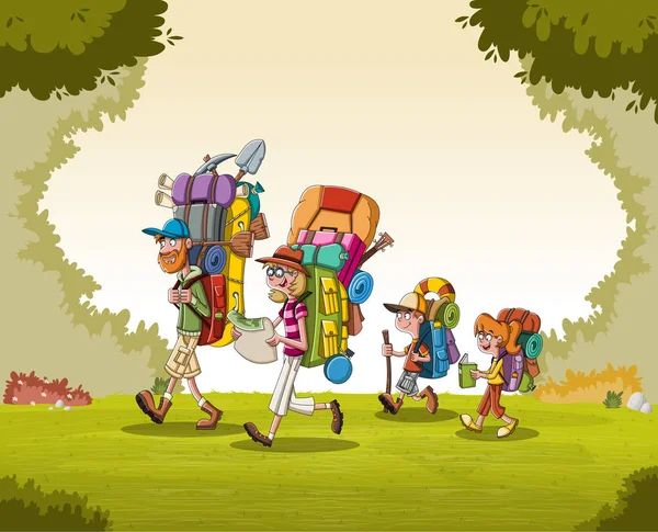 卡通家庭与绿色公园上的大背包 以自然背景为背景的人徒步旅行 — 图库矢量图片