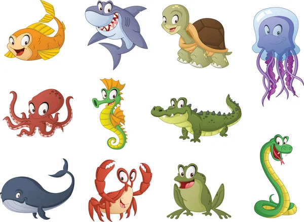 Grupo Peces Dibujos Animados Reptiles Anfibios Ilustración Vectorial Divertidos Animales — Vector de stock