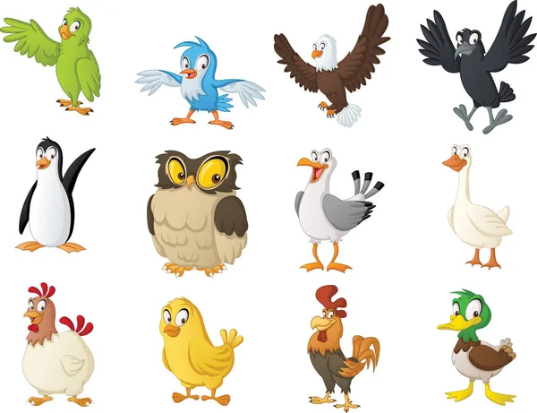 Gruppe Von Zeichentrickvögeln Vektorillustration Lustiger Glücklicher Tiere — Stockvektor