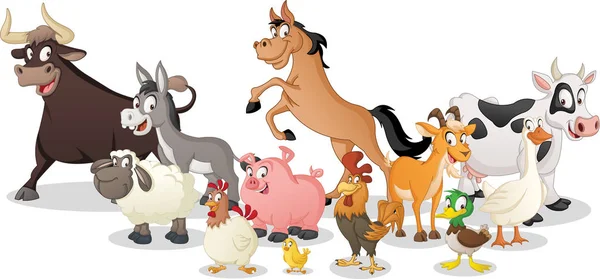 Group Farm Cartoon Animals Vector Illustration Funny Happy Animals — Stock Vector