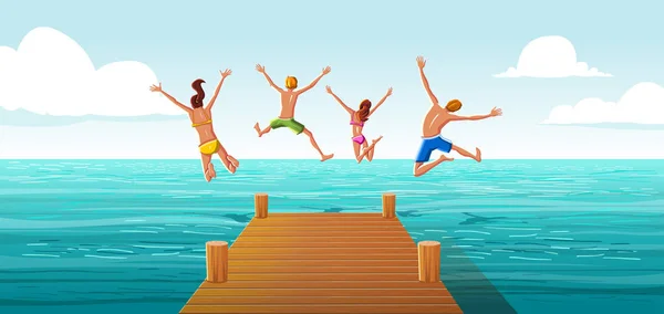 Grupo Personas Saltando Desde Muelle Madera Agua Familia Divirtiéndose Saltando — Vector de stock