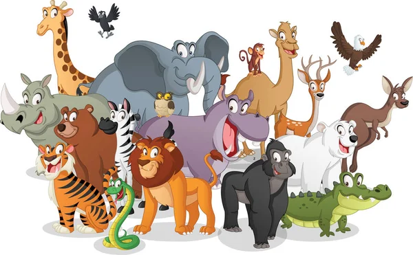 漫画の動物のグループ 変な幸せな動物のベクトル イラスト — ストックベクタ