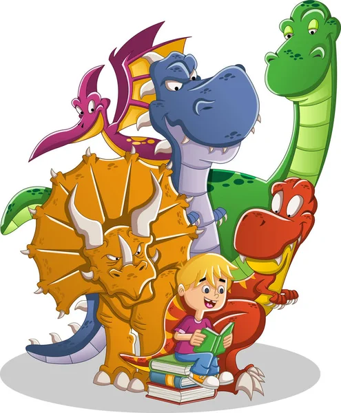 Kartun Anak Membaca Buku Untuk Dinosaurus Besar - Stok Vektor