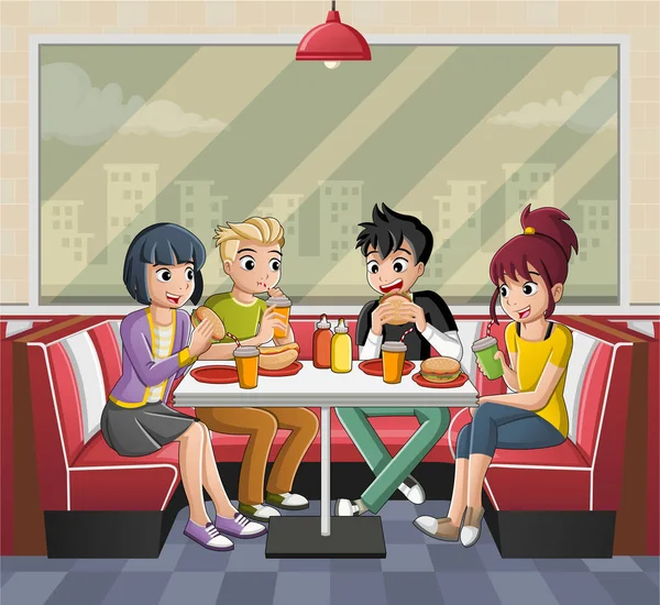 ダイナー テーブルでジャンク フードを食べて漫画ティーンエイ ジャーのグループ — ストックベクタ