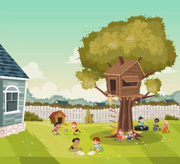 Cartoon Kinderen Spelen Achtertuin Van Een Kleurrijke Woning Voorstad Wijk — Stockvector