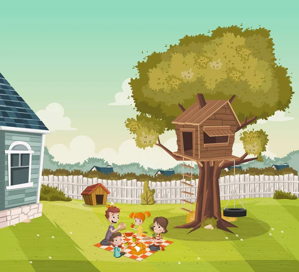 卡通一家在郊区小区一座五颜六色的房子的后院野餐 后院的树屋 — 图库矢量图片