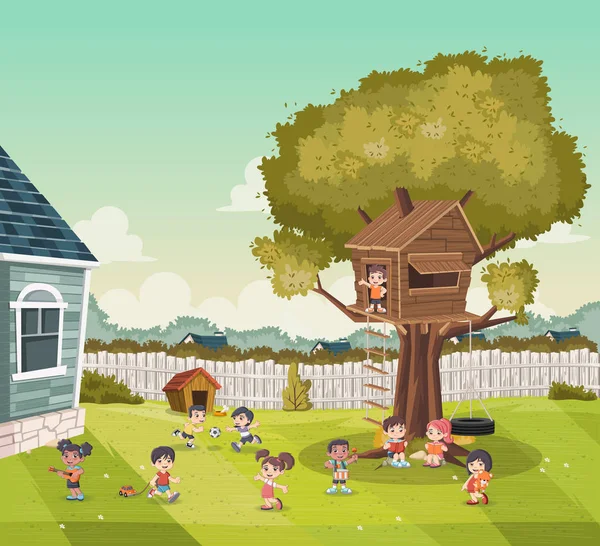 卡通的孩子们在郊区附近一座五颜六色的房子的后院玩耍 体育和娱乐 — 图库矢量图片