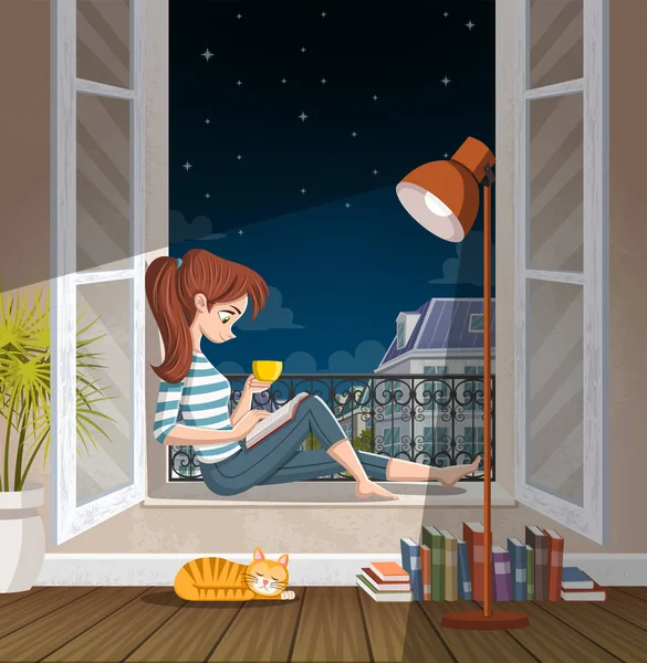 Eine Junge Frau Liest Nachts Fenster Ein Buch Tee Trinken — Stockvektor
