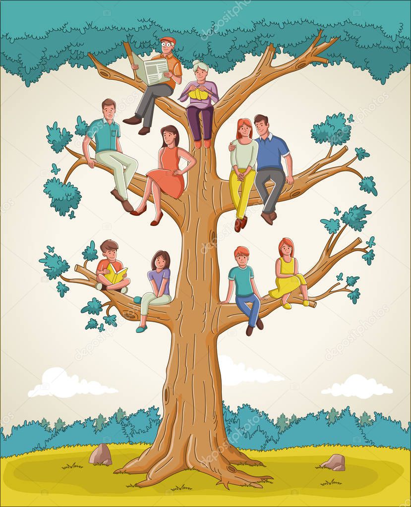 Family tree with people. Cartoon family on genealogical tree.