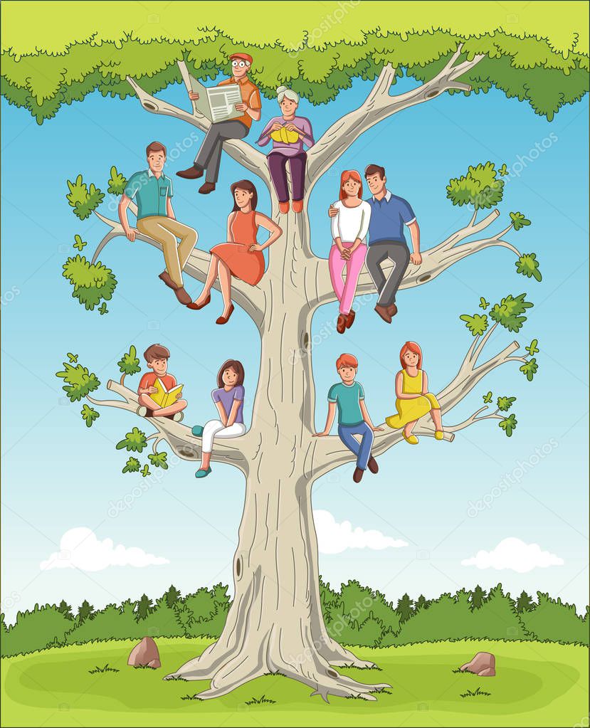 Family tree with people. Cartoon family on genealogical tree.