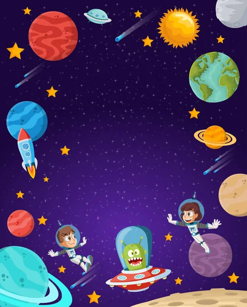 Astronauten Cartoon Kinder Fliegen All Alien Raumschiff — Stockvektor