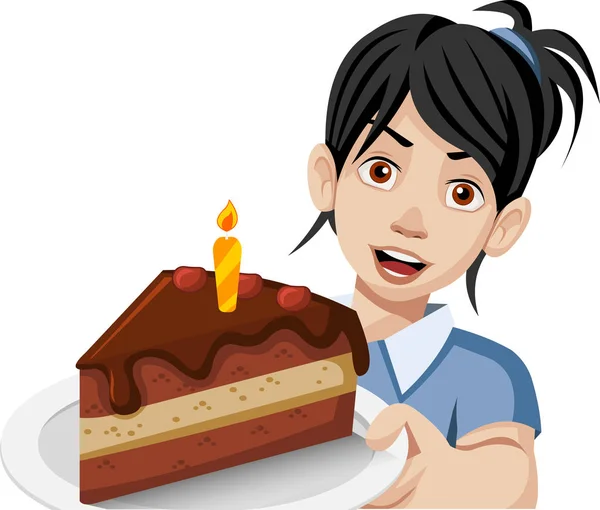 皿の上の誕生日ケーキのスライスを保持している漫画女性 — ストックベクタ