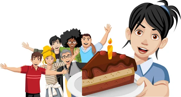 Pasta Ile Bir Doğum Günü Partisinde Arkadaş Grubu — Stok Vektör