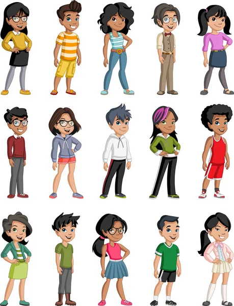 Grupo Niños Negros Dibujos Animados Adolescentes — Vector de stock