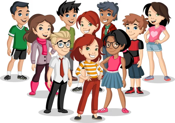 Groep Cartoon Jonge Kinderen Tieners — Stockvector