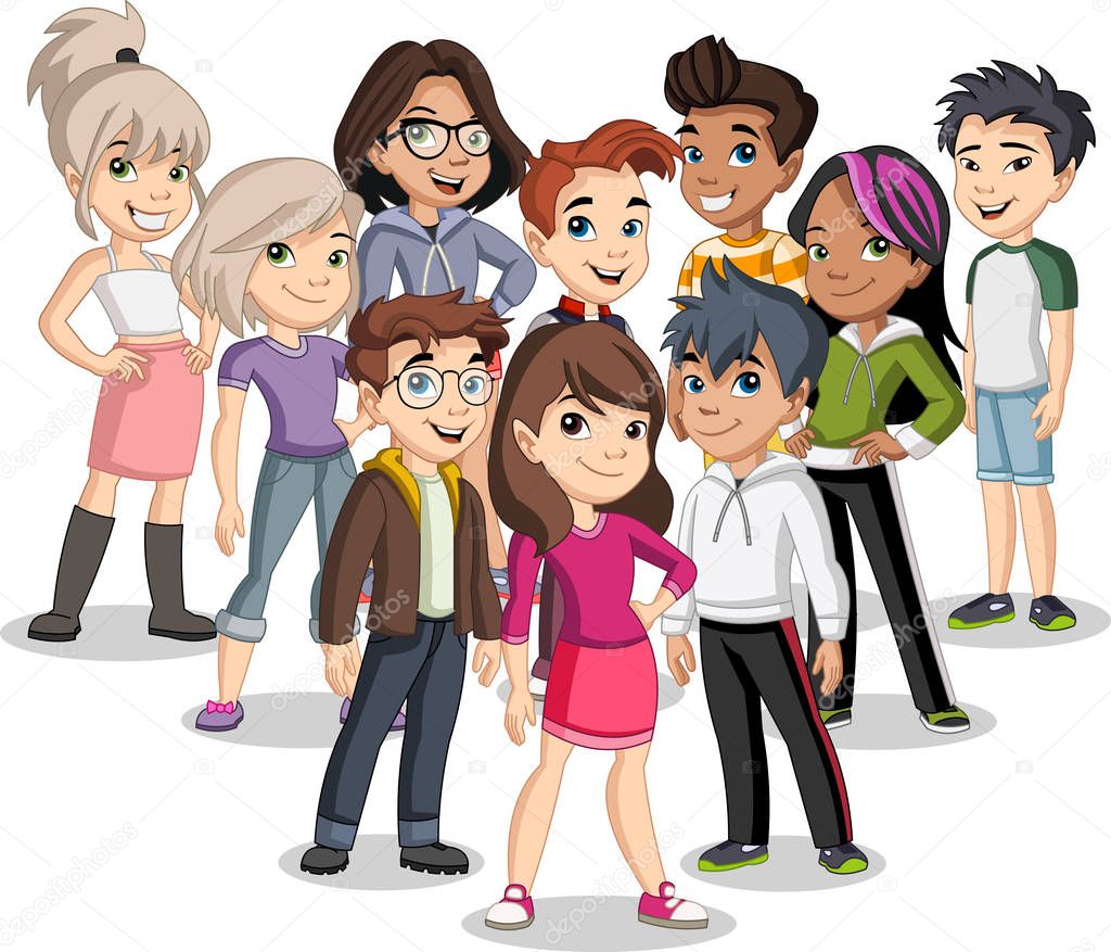 Group of cartoon young children. Teenagers.