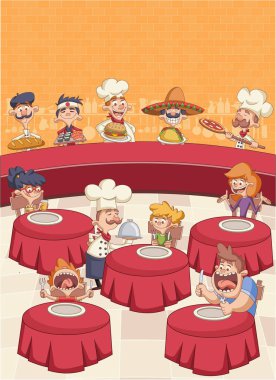 Aç müşteriler tablolar ve pişirme ve yemek tepsisiyle holding karikatür şefler ile Restoran. 