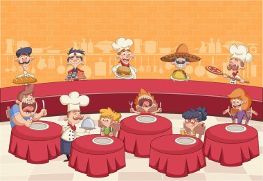 Aç müşteriler tablolar ve pişirme ve yemek tepsisiyle holding karikatür şefler ile Restoran. 