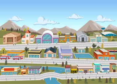 People on the streets of a colorful city with buildings and river.  clipart