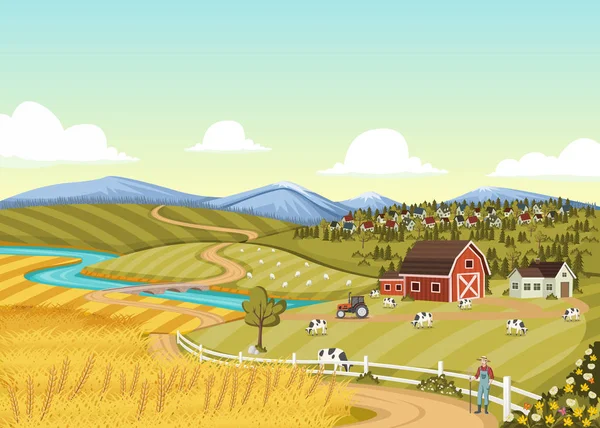 Granjero Dibujos Animados Frente Colorida Granja Con Granero Cultivos Vacas — Vector de stock