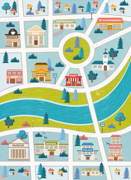 Stadtplan Straßen Einer Bunten Stadt Mit Gebäuden Häusern Und Fluss — Stockvektor