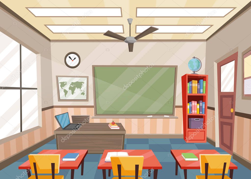 Empty classroom with tables and chairs. School.