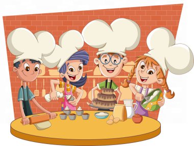 Karikatür şefleri yemek yapıyor. Çocuklar kek ve cupcakes pişirme.