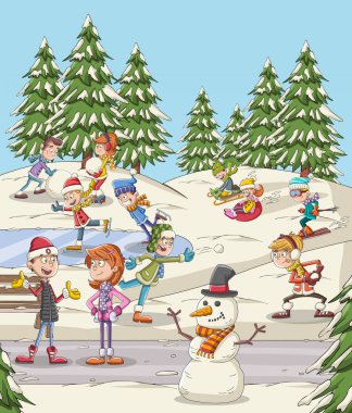 Çizgi film insanları parkta karla eğleniyor. Kış doğa manzara tatil.