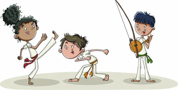 Niños Dibujos Animados Practicando Movimientos Capoeira Bailarinas Capoeira — Archivo Imágenes Vectoriales