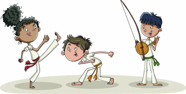 Niños Dibujos Animados Practicando Movimientos Capoeira Bailarinas Capoeira — Vector de stock