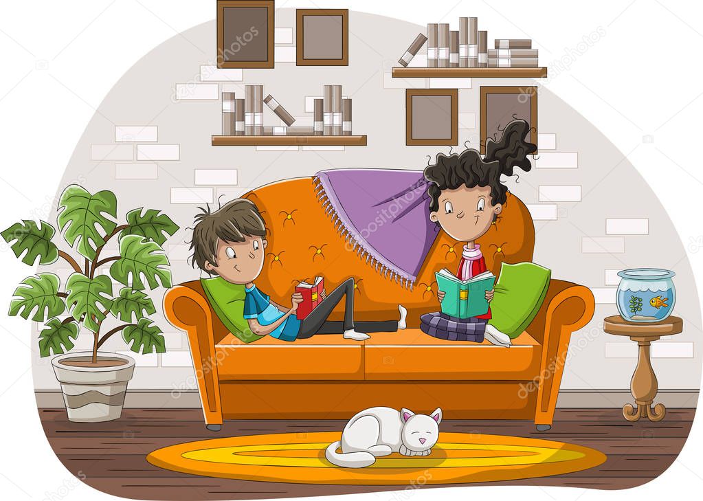 Teenagers reading books in the living room. Cartoon couple reading on sofa. 