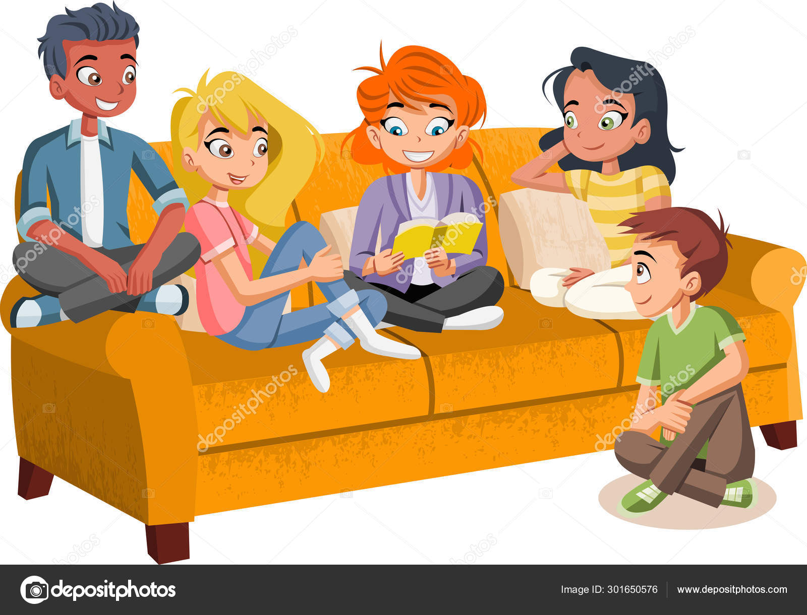 Group Cartoon Young People Sofa Teenager Friends Stock Vector Image by  ©deniscristo #301650576