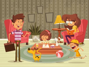 Mutlu çizgi film aile oturma odasında.