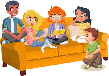 Grup kanepe üzerinde çizgi film genç insan. Genç arkadaşlar.