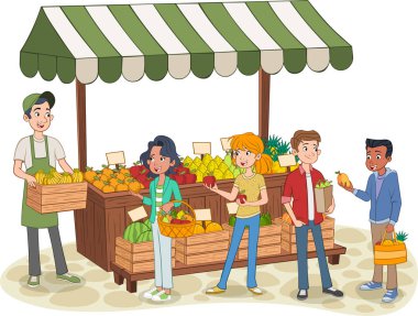 Bir sokak pazarı standında meyve satın karikatür genç grubu. Yerel çiftçi sokak pazarında taze meyve satıyor. Doğal ürün. 
