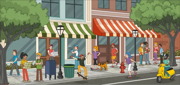 Calle Una Ciudad Con Jóvenes Dibujos Animados — Vector de stock