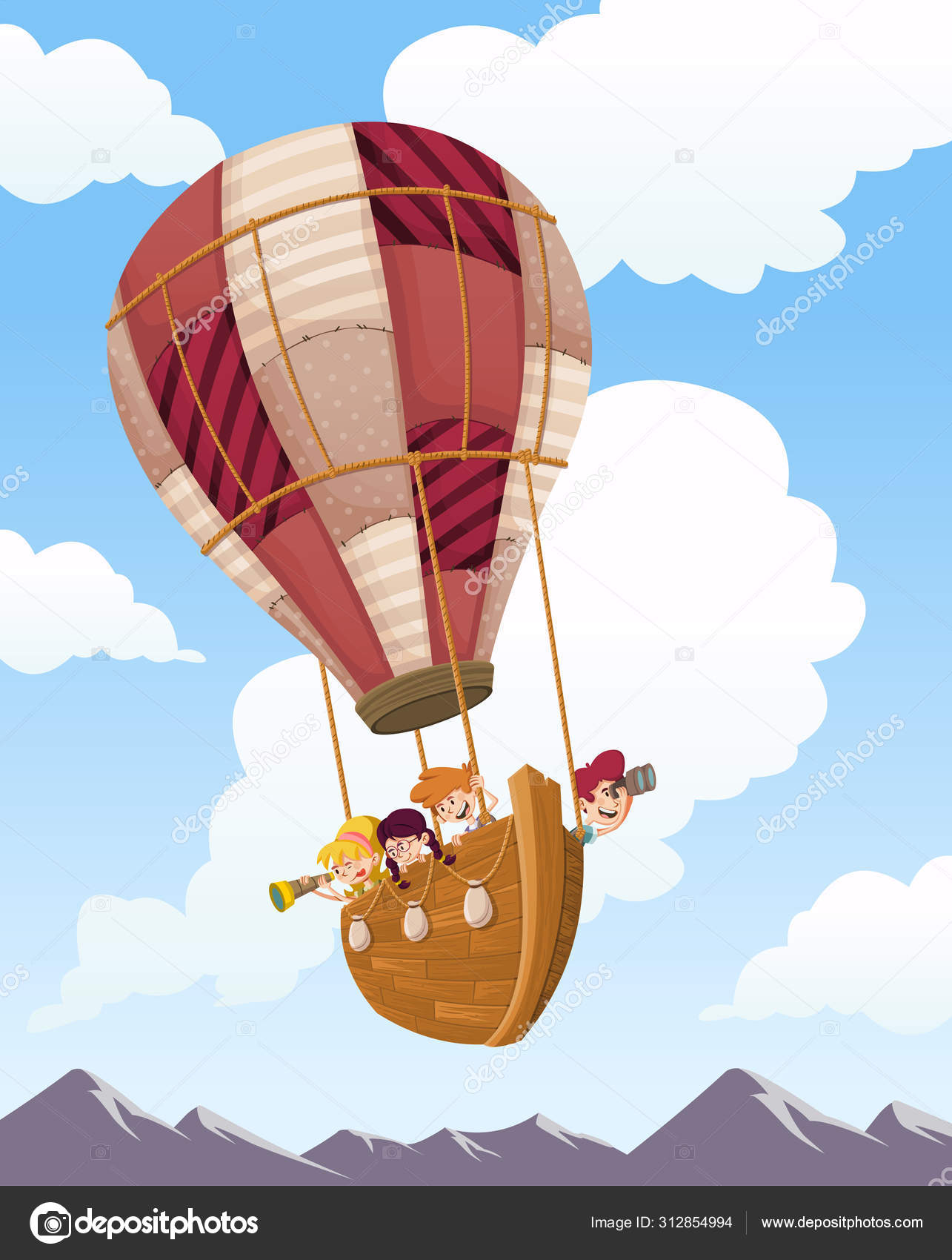 Cartoon Kids Wooden Boat Hot Air Balloon Flying Sky Stock Vector Image by  ©deniscristo #312854994