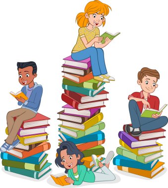 Çizgi film gençleri kitap okuyor. Kitap yığınları üzerinde öğrenciler.