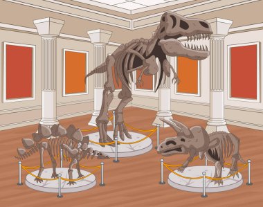 Arkeoloji müzesinde bir grup dinozor iskeleti. 