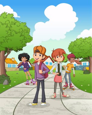 Kenar mahallelerdeki çizgi film gençleri. Çimenler, ağaçlar ve evlerle dolu yeşil park manzarası.