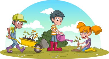 Kids planting trees on green park. Boys and girl gardening. clipart