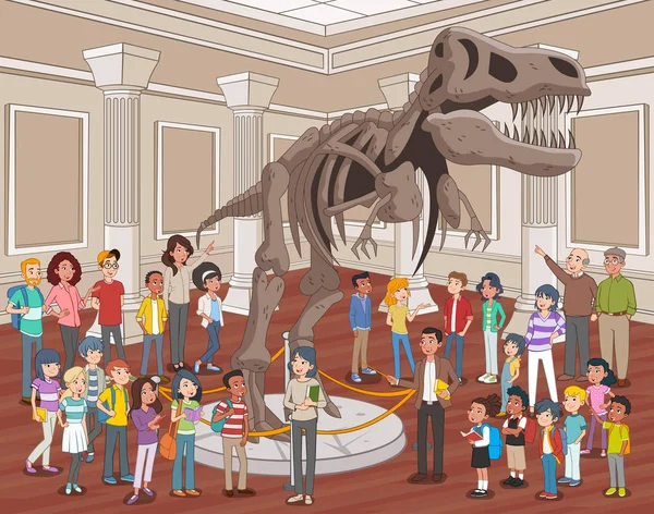 Gruppe Von Menschen Beobachtet Dinosaurier Skelette Archäologischen Museum — Stockvektor